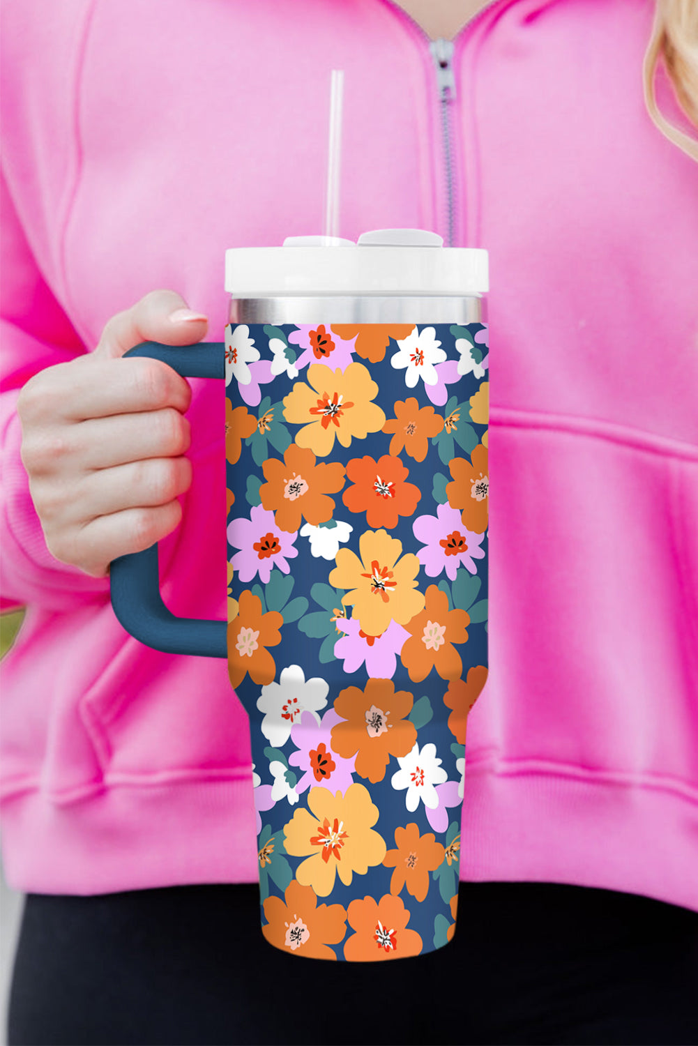 Ashleigh Blue Flower Print Handle Large Thermal Tumbler 40oz Tumblers JT's Designer Fashion