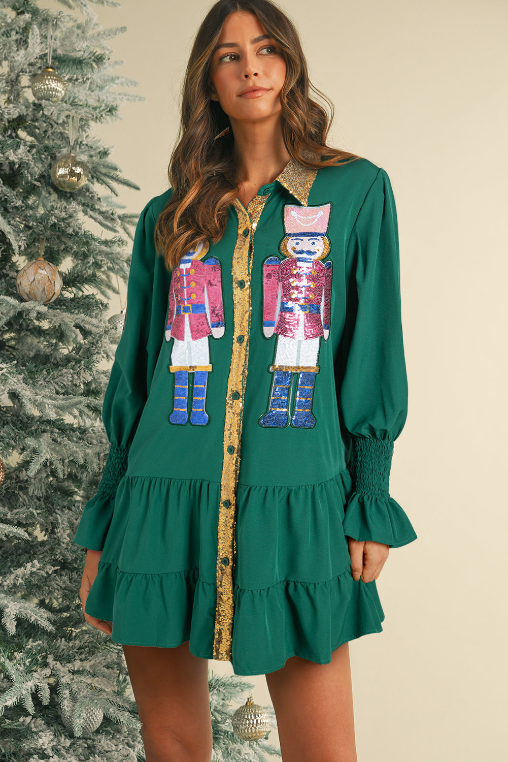 Evergreen Christmas Sequin Nutcracker Collared Shirt Ruffled Long Sleeve Mini Dress Mini Dresses JT's Designer Fashion