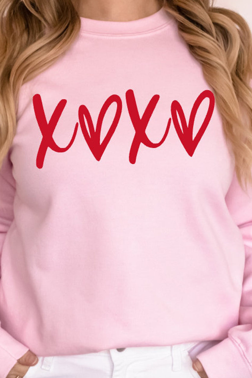 Pink Heart XOXO Graphic Crewneck Drop Shoulder Valentines Sweatshirt Graphic Sweatshirts JT's Designer Fashion