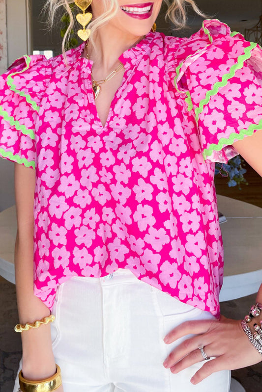 Pink Floral Contrast Ric Rac Layered Ruffle Sleeve Blouse Tops & Tees JT's Designer Fashion