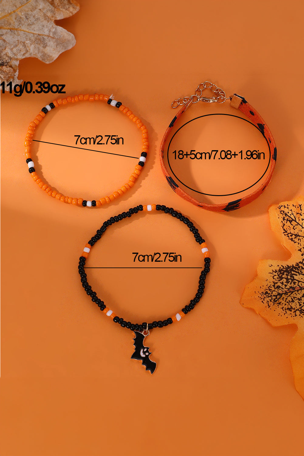 Russet Orange Halloween Bat Pendant Beaded Multi Layer Bracelet Set Jewelry JT's Designer Fashion