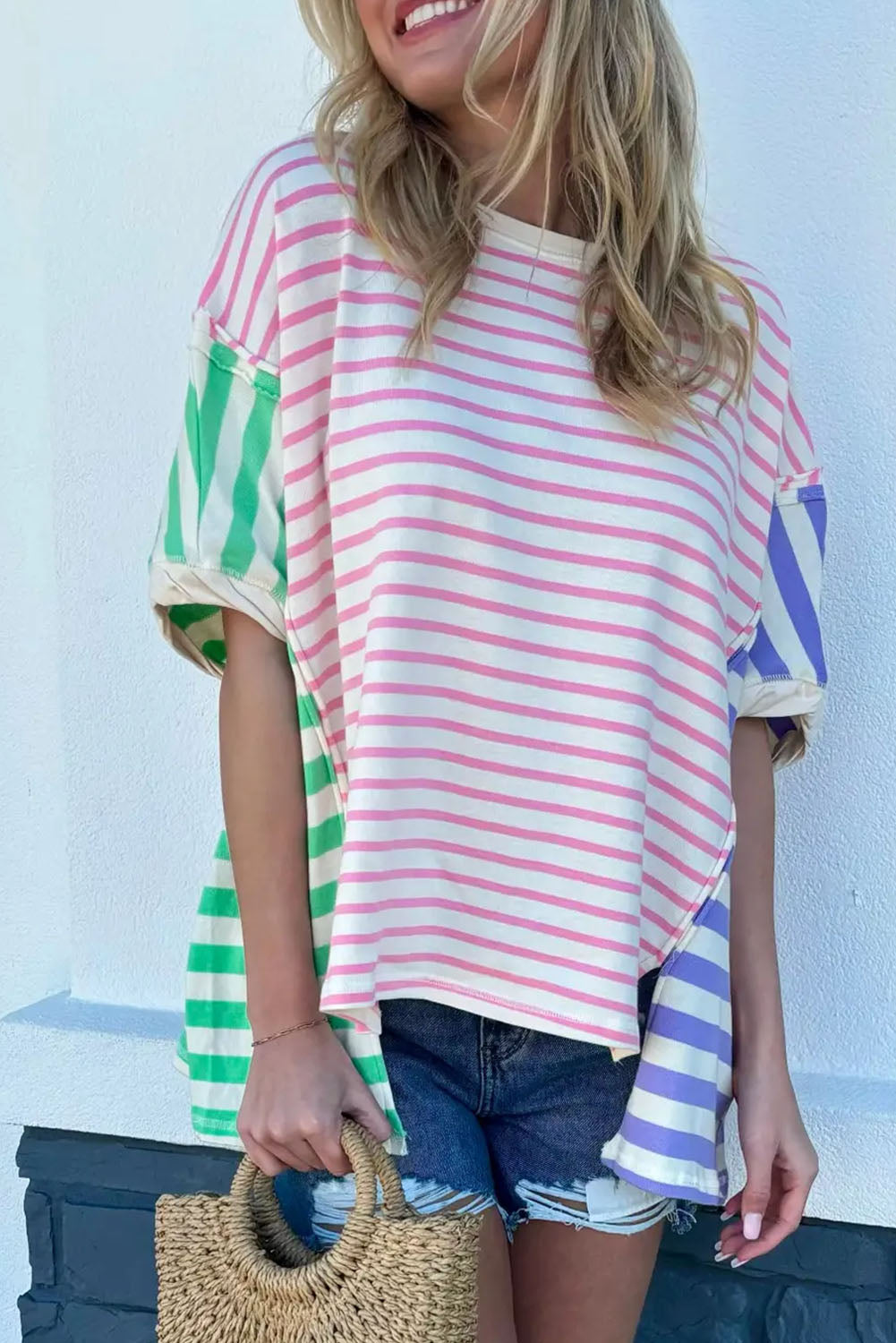 Multicolour Colorblock Stripe Patchwork Baggy T Shirt Tops & Tees JT's Designer Fashion