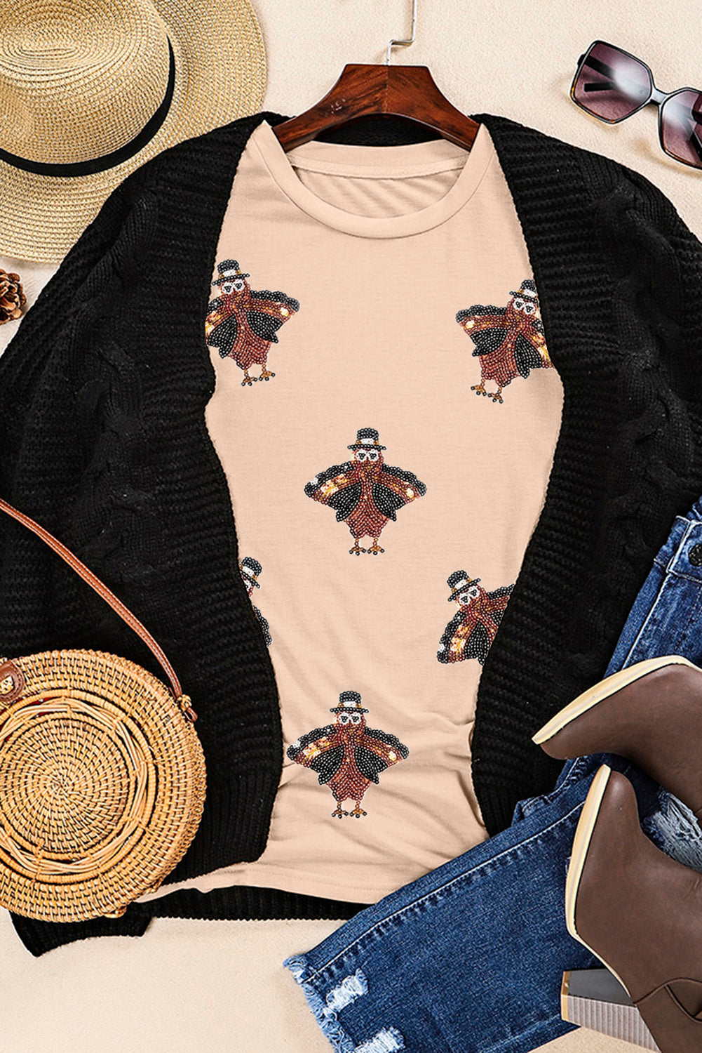 Khaki Sequined Turkey Patched Pattern Crewneck Thanksgiving T Shirt Graphic Tees JT's Designer Fashion