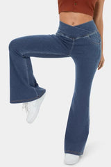 Sail Blue Crossover High Waisted Stretchy Flare Jeans Bottoms JT's Designer Fashion