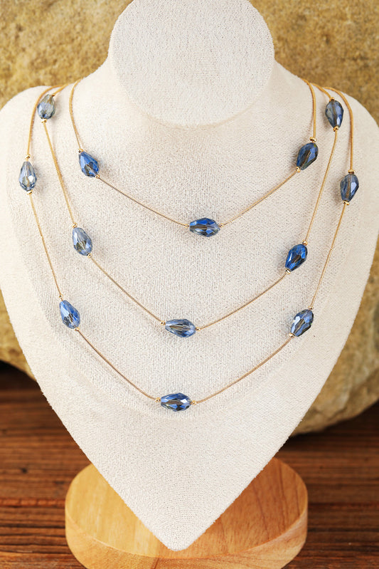 Dark Blue Artificial Crystal Metallic Multi Layered Necklace Jewelry JT's Designer Fashion