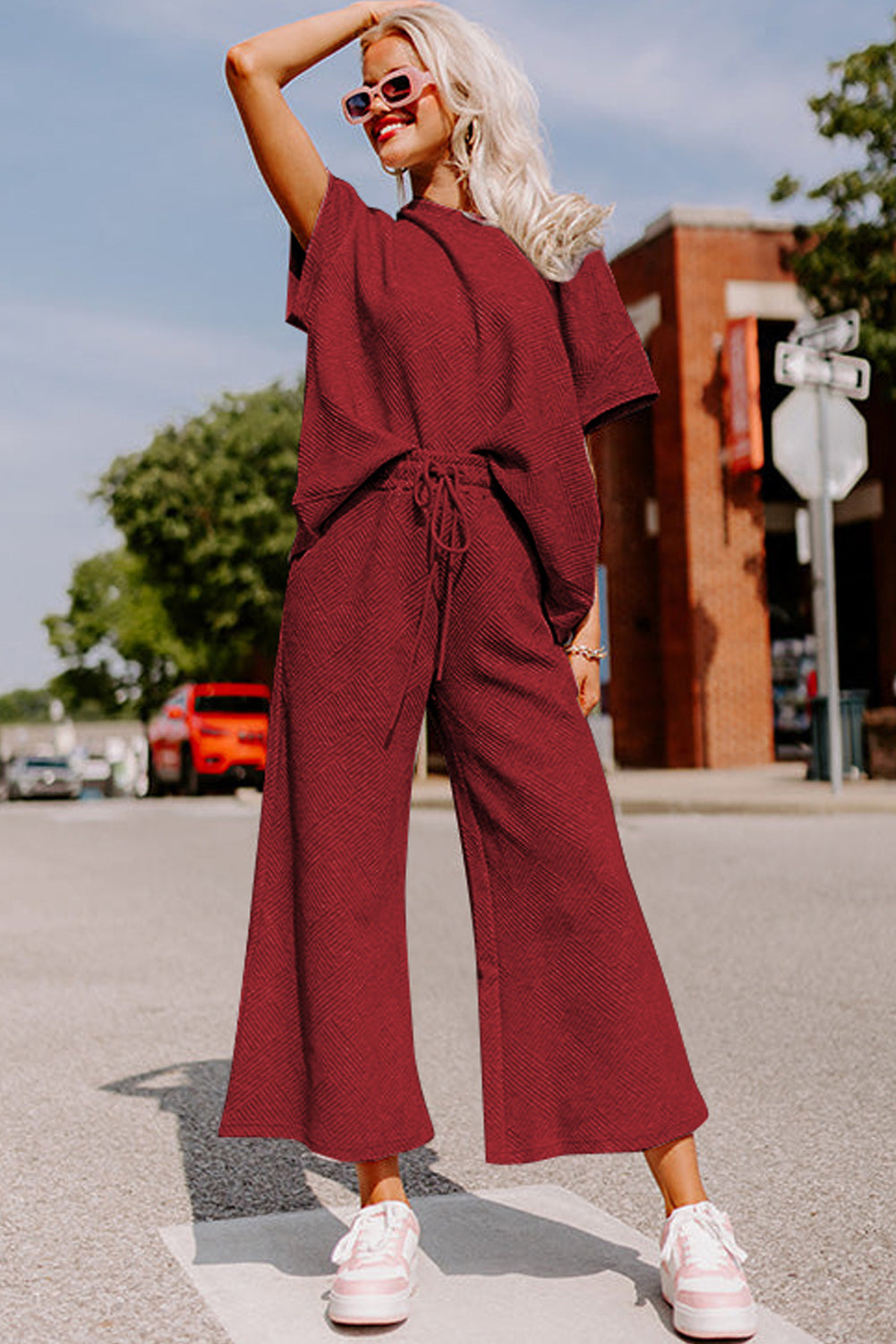 Red Dahlia Textured Loose Fit T Shirt and Drawstring Pants Set Pant Sets JT's Designer Fashion