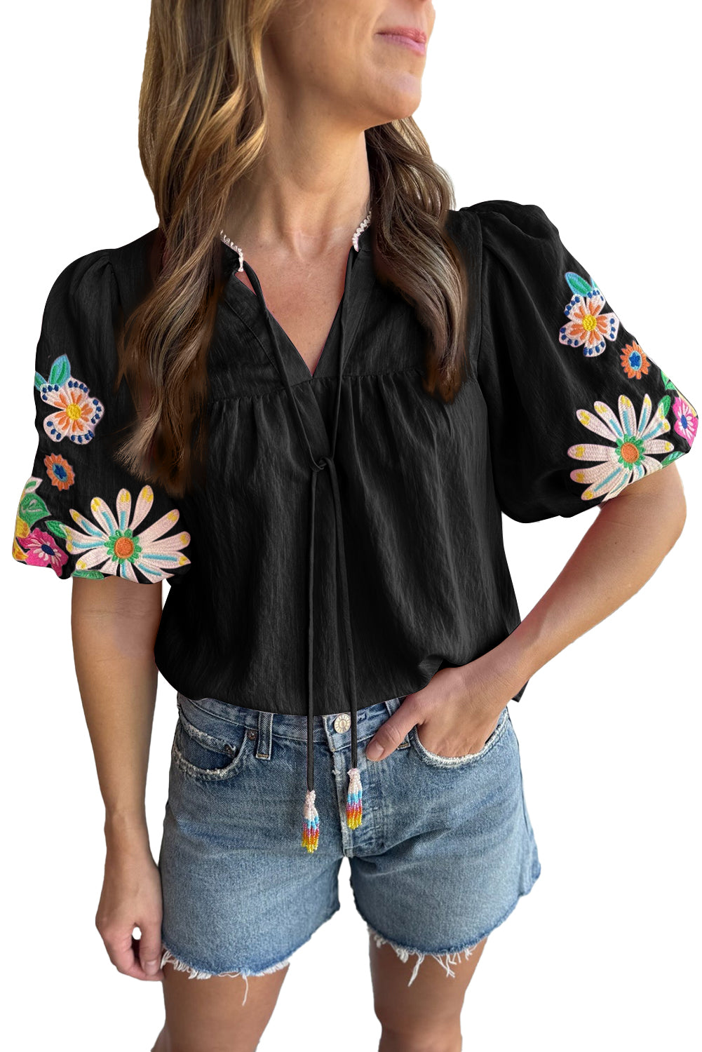 Black Floral Embroidered Puff Sleeve Split Neck Blouse Tops & Tees JT's Designer Fashion