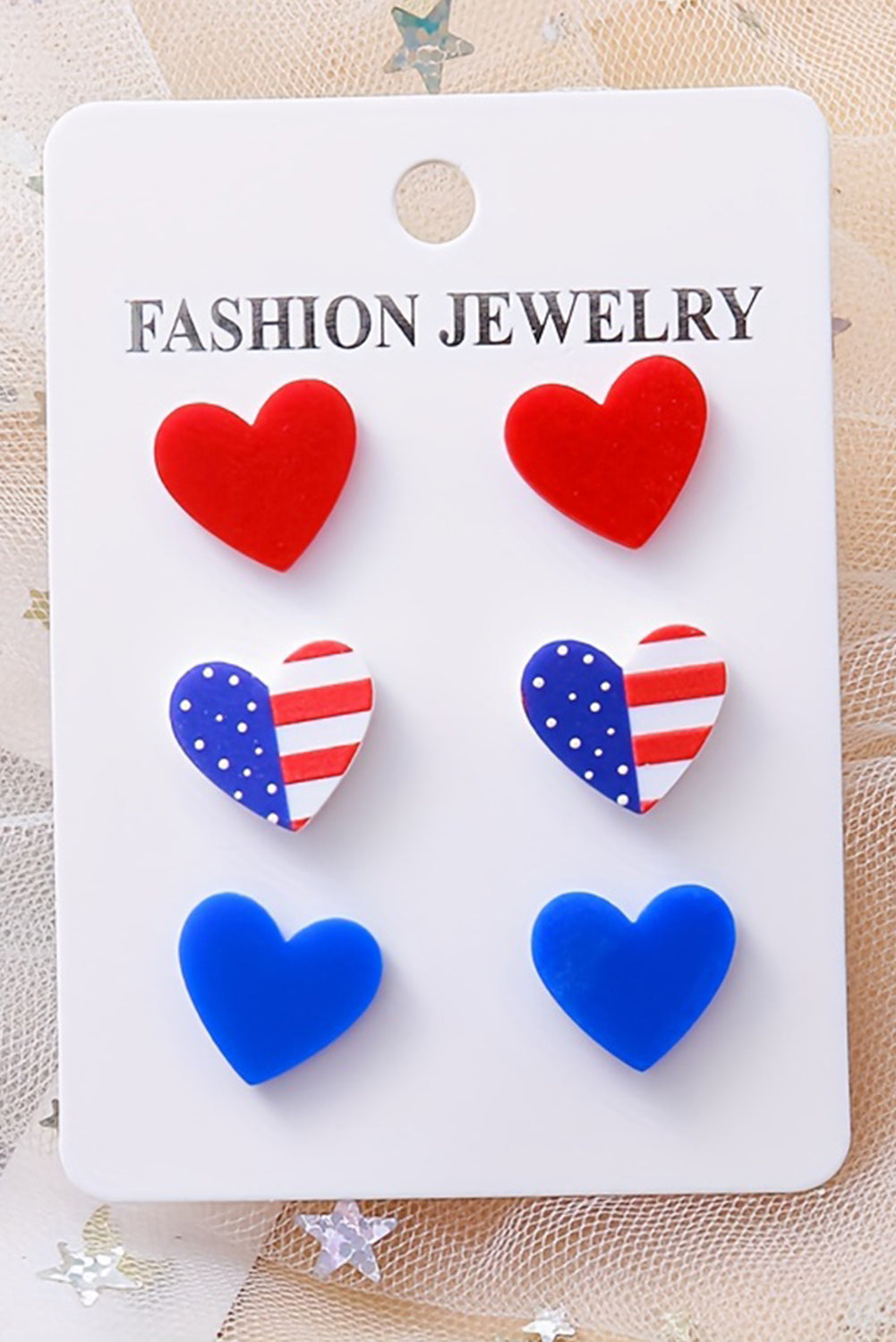 Fiery Red American Flag Print Heart Shape Stud Earrings Set Jewelry JT's Designer Fashion