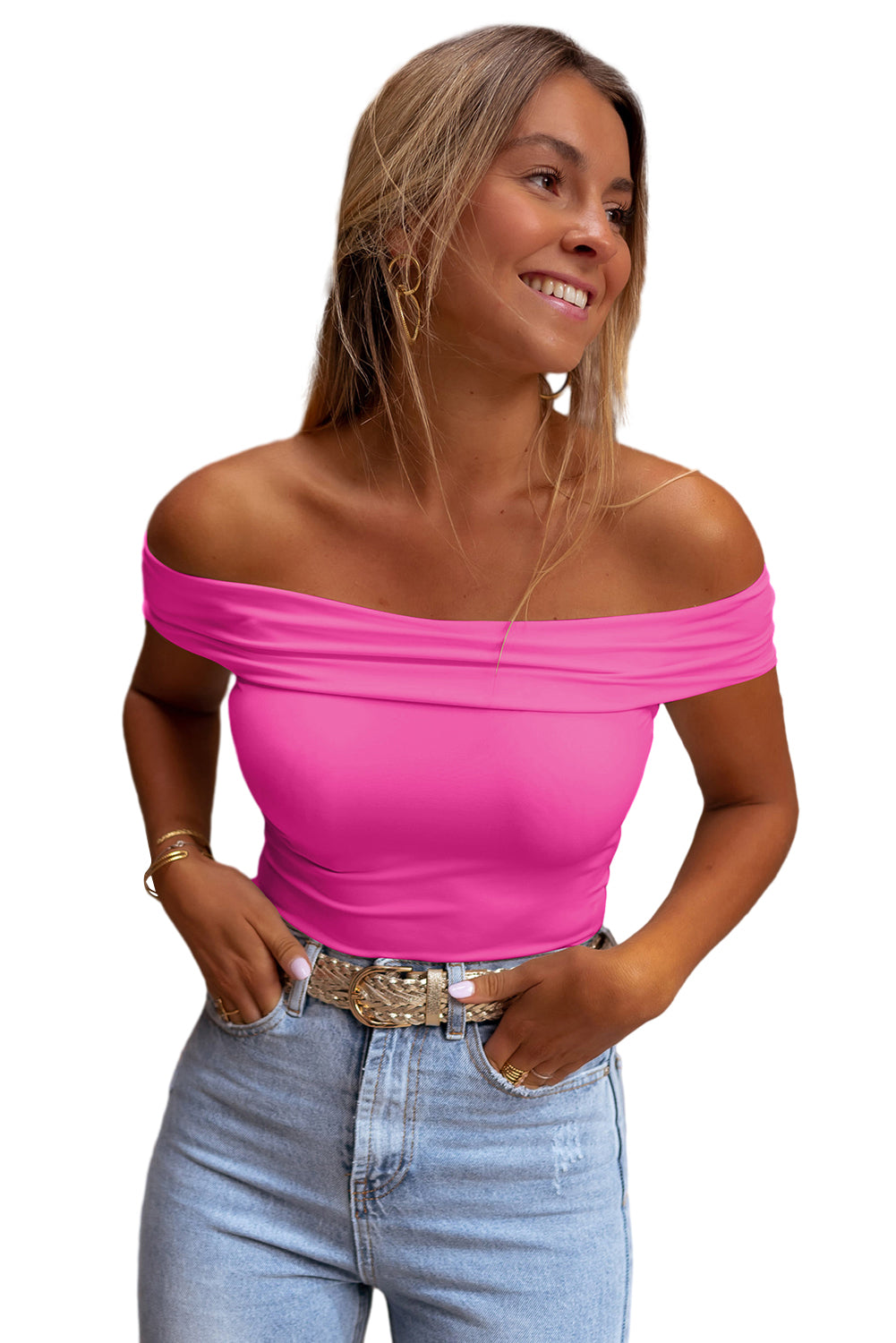 Bright Pink Folded Off Shoulder Slim Top Pre Order Tops JT's Designer Fashion