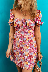 Red Floral Puff Sleeve Square Neck Knot Open Back Mini Dress Floral Dresses JT's Designer Fashion