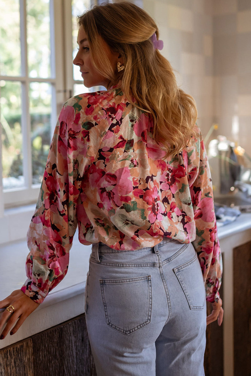 Red Floral Print Ruffled Stitch Buttoned Loose Fit Shirt Blouses & Shirts JT's Designer Fashion