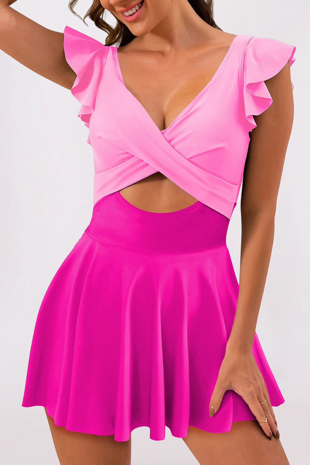 Bright Pink 2-tone Patchwork Crossed Cutout One Piece Swimdress Swimwear JT's Designer Fashion