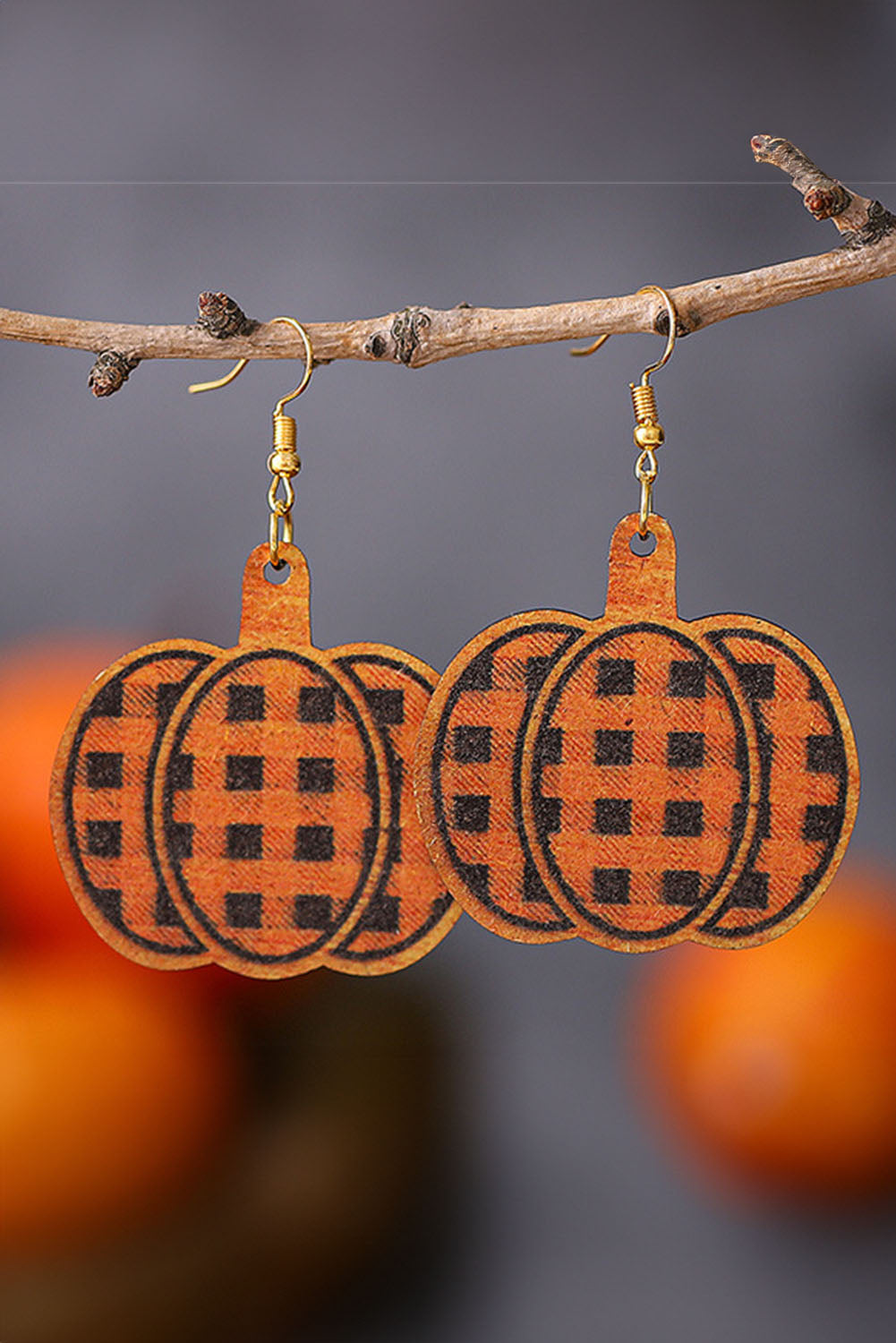 Russet Orange Plaid Print Pumpkin Shape Halloween Drop Earrings Jewelry JT's Designer Fashion