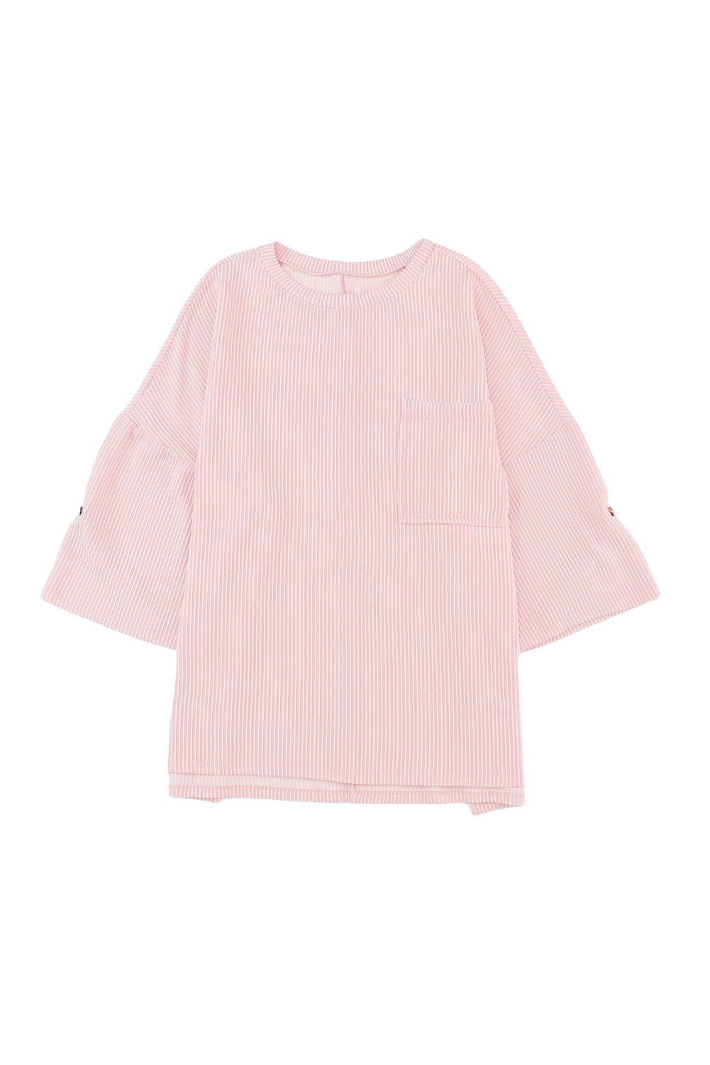 Pink Ribbed Roll-tab Sleeve Chest Pocket Oversize Top Long Sleeve Tops JT's Designer Fashion