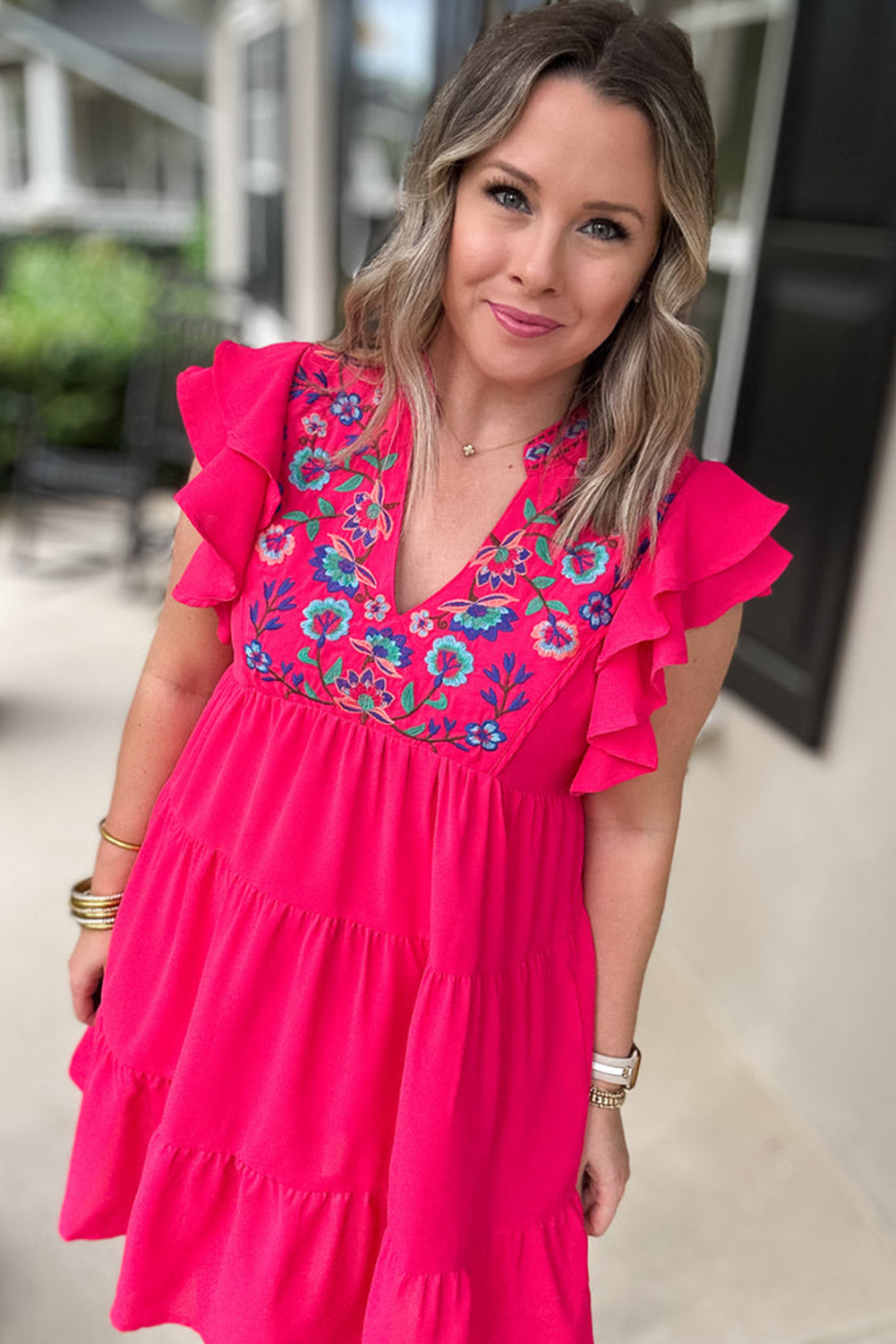 Strawberry Pink Embroidered Ruffled Sleeve Tiered Plus Dress Plus Size JT's Designer Fashion