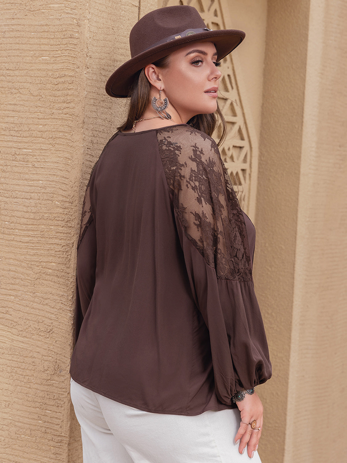 Plus Size Lace Detail Tie Neck Long Sleeve Blouse Blouses & Shirts JT's Designer Fashion