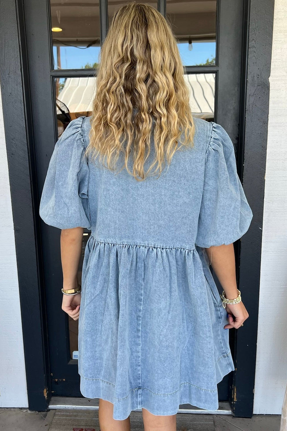 Dusk Blue Bowknot Bubble Sleeve Short Denim Dress Mini Dresses JT's Designer Fashion