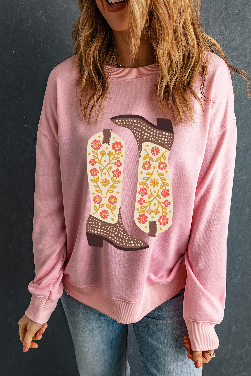 Pink Floral Cowgirl Boots Graphic Drop Shoulder Sweatshirt Graphic Sweatshirts JT's Designer Fashion