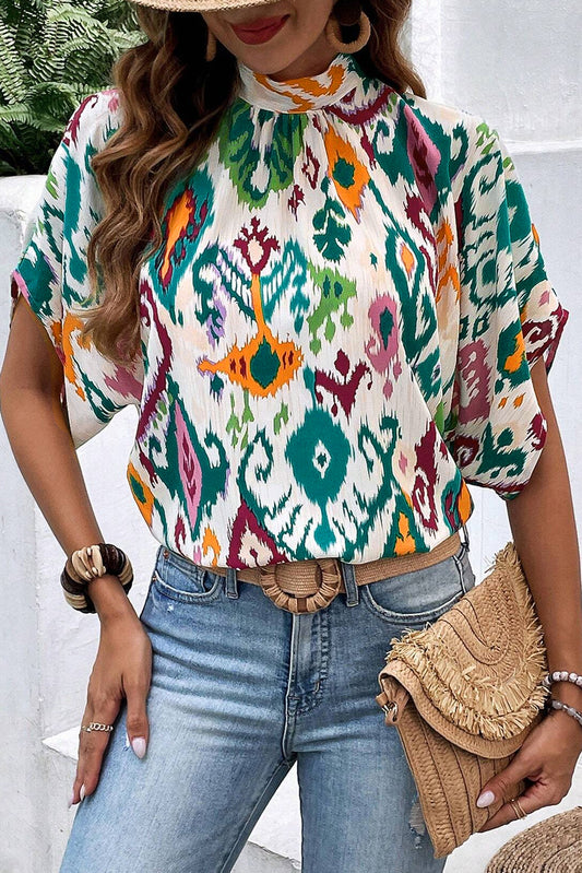 Multicolour Western Print High Neck Bat Sleeve Blouse Blouses & Shirts JT's Designer Fashion