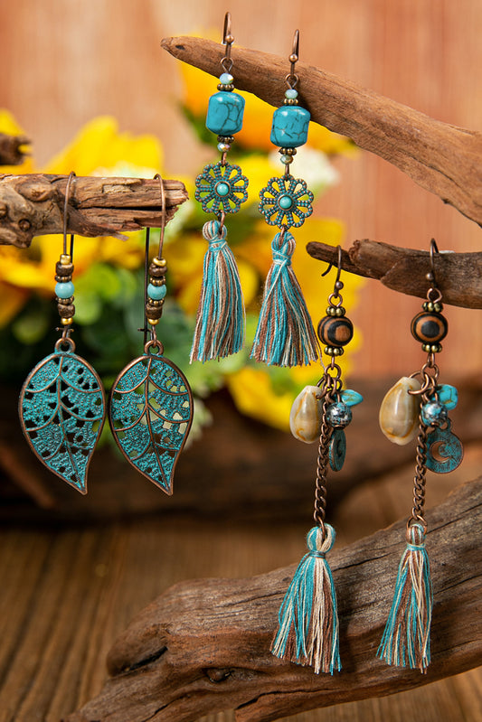 Sky Blue Bohemian Beaded Leaf Floral Hollow-out Tassel Earrings Set Jewelry JT's Designer Fashion