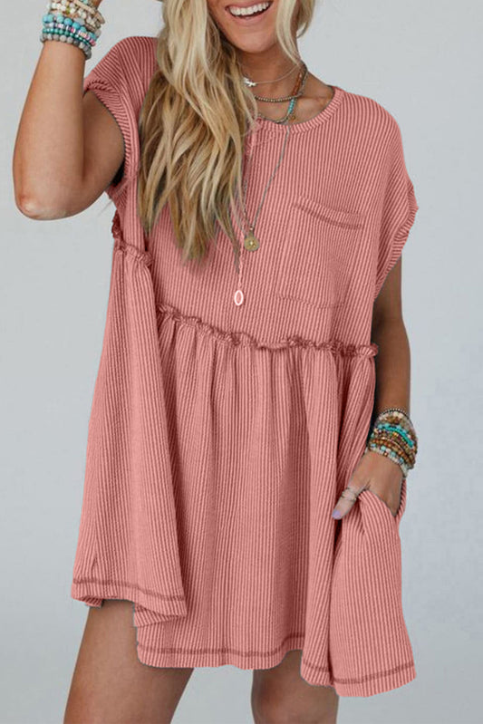 Dusty Pink Corded Knit Textured Patched Pocket Frilled Swing Mini Dress with Pockets Mini Dresses JT's Designer Fashion