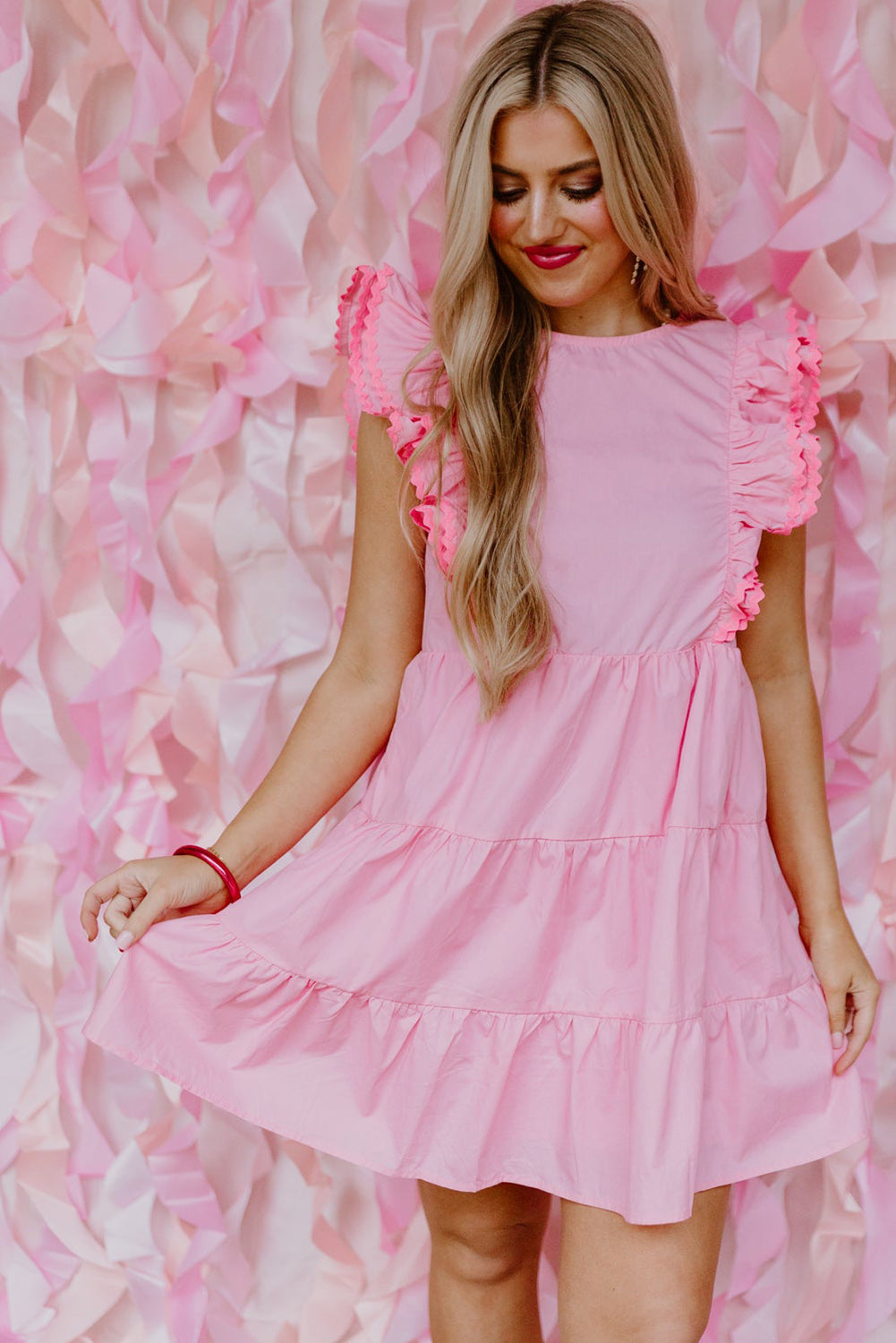 Pink Scalloped Flutter Sleeve Tiered Ruffled Mini Dress Dresses JT's Designer Fashion