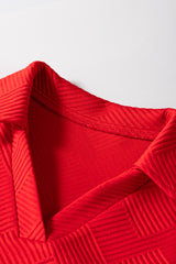 Fiery Red Textured Collared V Neck Puff Short Sleeve Shift Mini Dress Mini Dresses JT's Designer Fashion