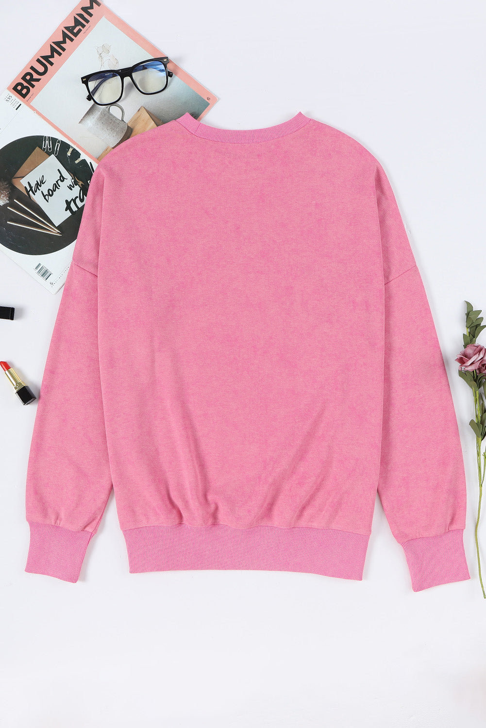 Pink Drop Shoulder Ribbed Trim Oversized Sweatshirt Sweatshirts & Hoodies JT's Designer Fashion