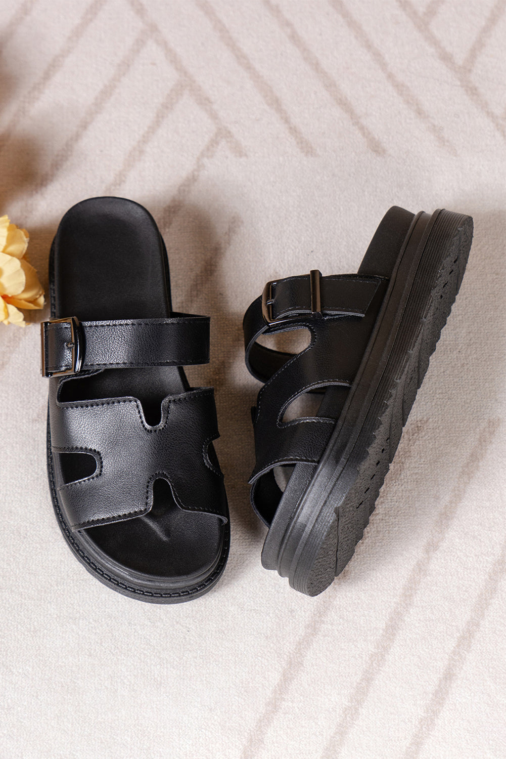 Black Hollow Out Buckle Strap Beach Slippers Slippers JT's Designer Fashion