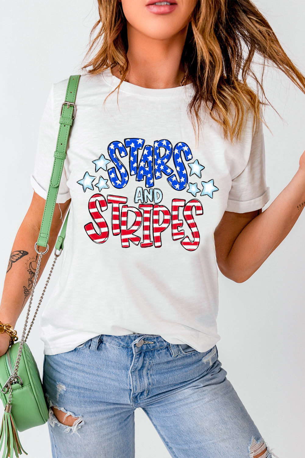 White Stars and Stripes Round Neck Graphic T Shirt Graphic Tees JT's Designer Fashion
