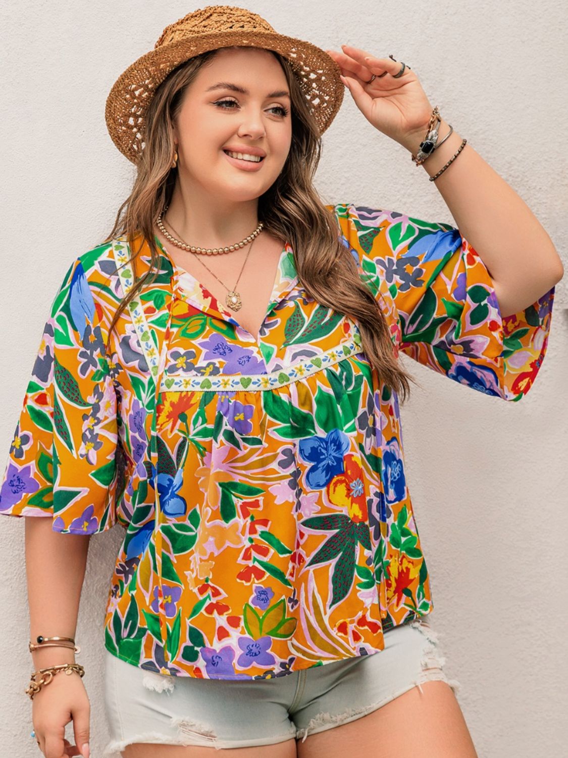 Plus Size Printed Tie Neck Half Sleeve Blouse Blouses & Shirts JT's Designer Fashion