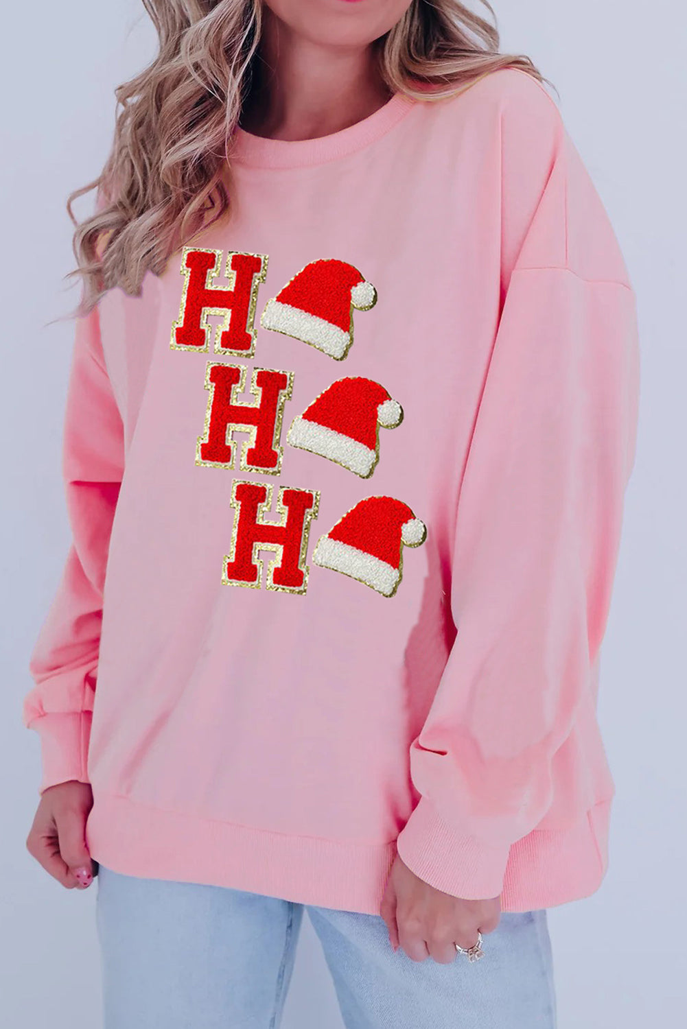 Light Pink Sequin Christmas Hat HO HO HO Graphic Pullover Sweatshirt Sweatshirts & Hoodies JT's Designer Fashion