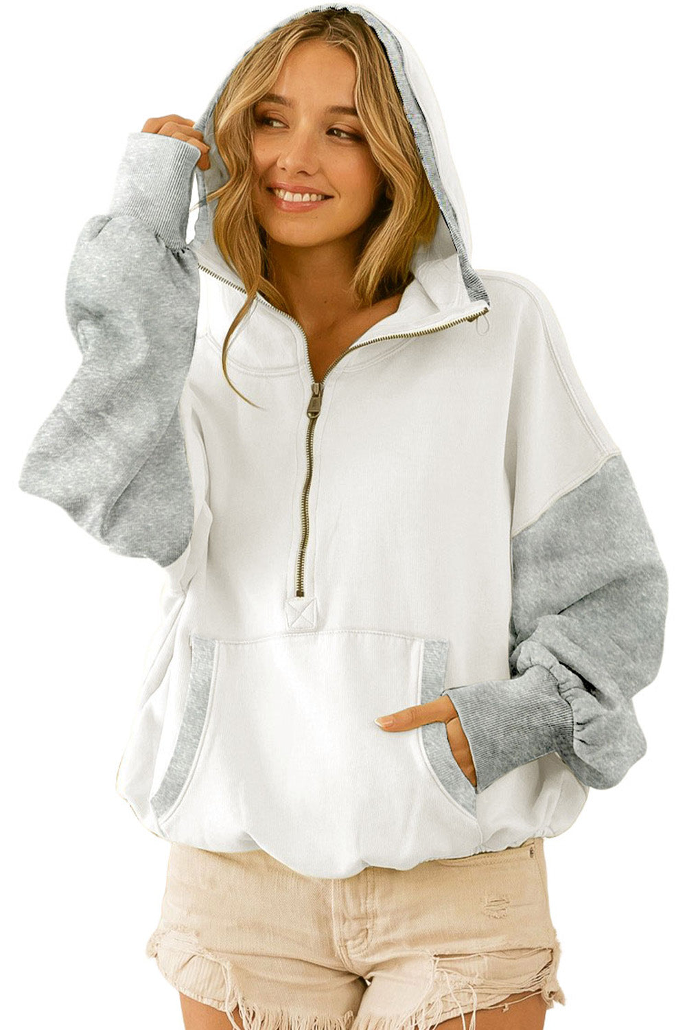 White Half Zipper Kangaroo Pocket Drop Shoulder Hoodie Sweatshirts & Hoodies JT's Designer Fashion