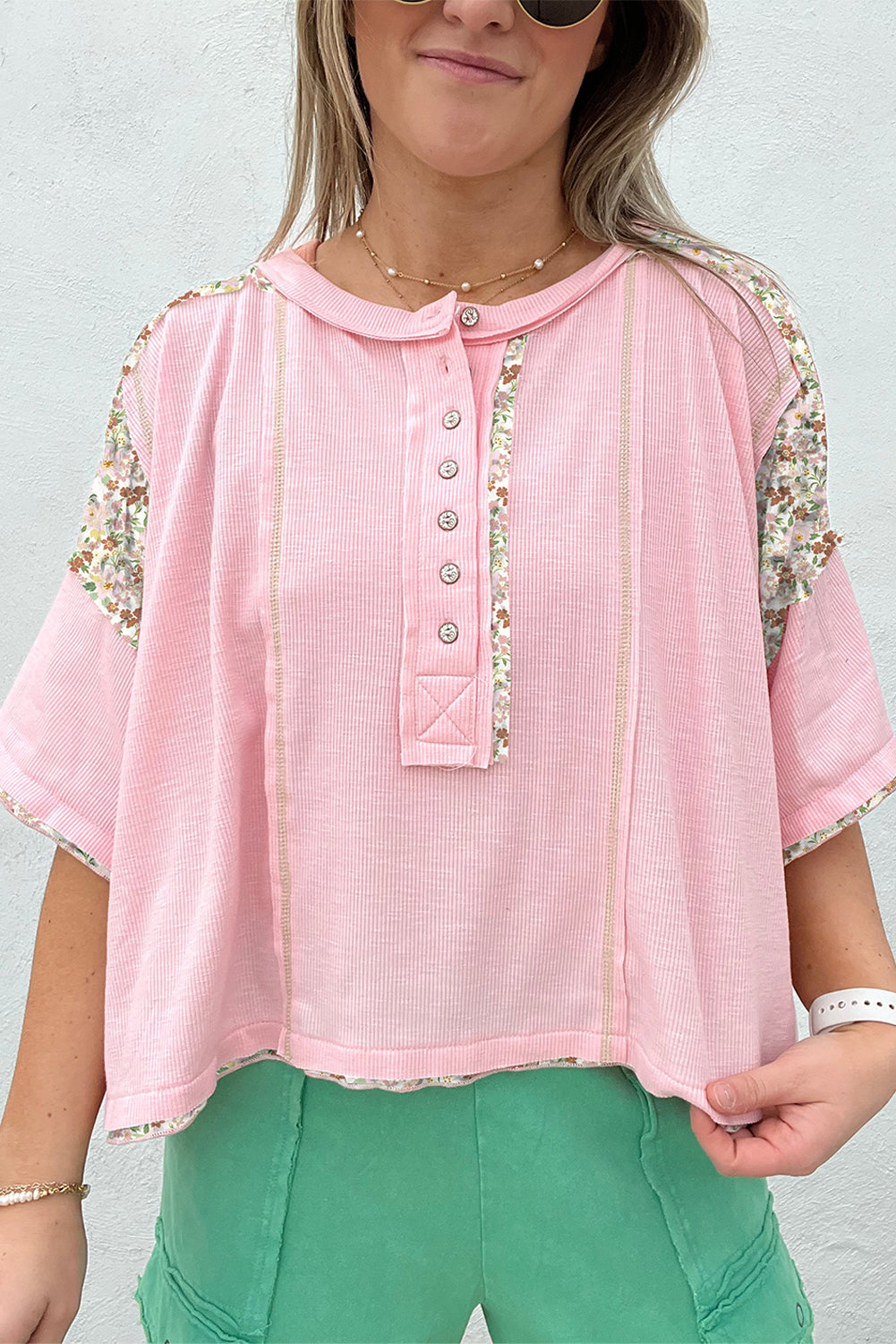 Light Pink Floral Printed Patchwork Half Button Oversize Tee Pre Order Tops JT's Designer Fashion