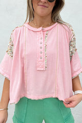 Light Pink Floral Printed Patchwork Half Button Oversize Tee Pre Order Tops JT's Designer Fashion