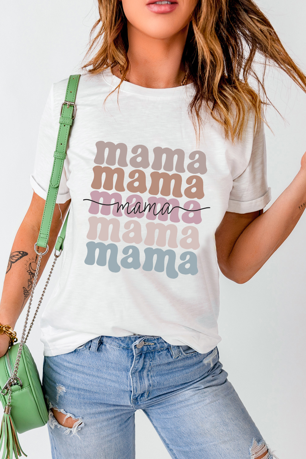White mama Lettering Printed Crew Neck Tee Graphic Tees JT's Designer Fashion