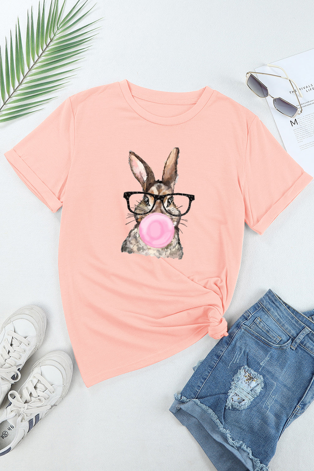 Pink Easter Rabbit Print Round Neck Casual Tee Graphic Tees JT's Designer Fashion