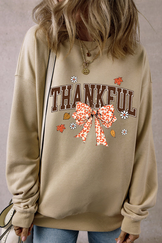 Parchment THANKFUL Leopard Bow Fall Vibe Graphic Sweatshirt Parchment 50%Polyester+50%Cotton Graphic Sweatshirts JT's Designer Fashion