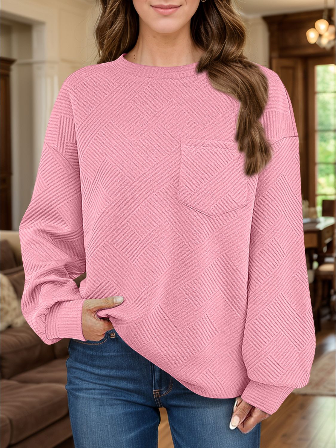 Full Size Texture Round Neck Long Sleeve Sweatshirt Long Sleeve Tops JT's Designer Fashion