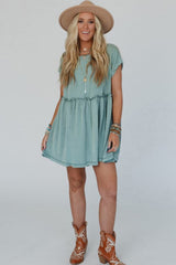 Canton Corded Knit Textured Patched Pocket Frilled Swing Mini Dress with Pockets Mini Dresses JT's Designer Fashion