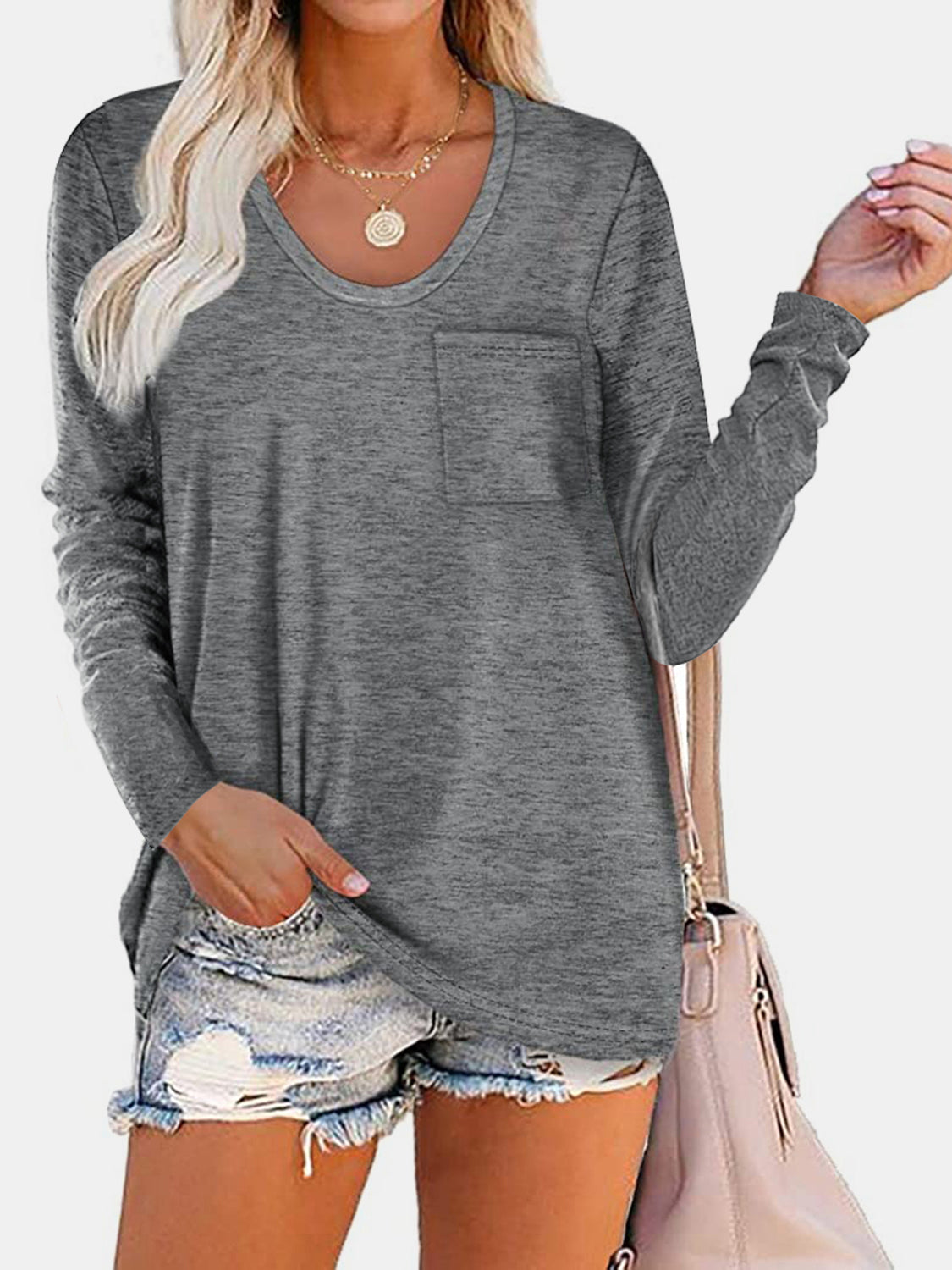 Round Neck Long Sleeve T-Shirt Gray Long Sleeve Tops JT's Designer Fashion