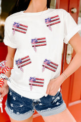 White Sequin Bow American Flag Patched T Shirt Graphic Tees JT's Designer Fashion