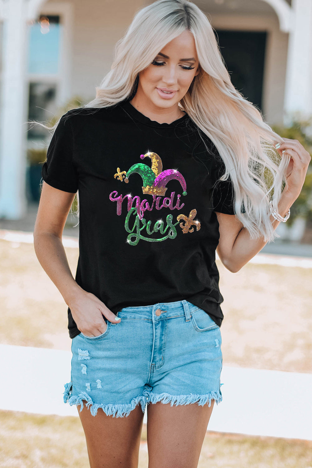 Black Mardi Gras Sequin Pattern Crew Neck T Shirt Graphic Tees JT's Designer Fashion