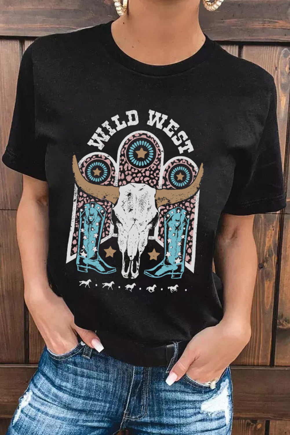 Black WILD WEST Steer Skull Graphic T Shirt Graphic Tees JT's Designer Fashion