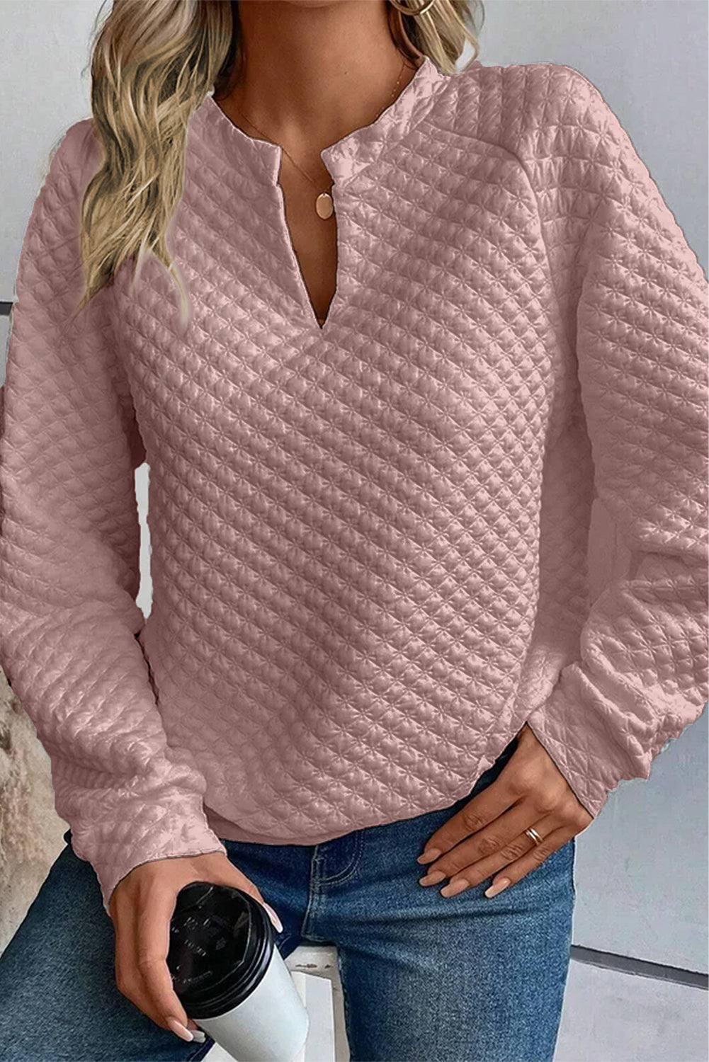 Light Pink Split Neck Quilted Long Sleeve Top Tops & Tees JT's Designer Fashion