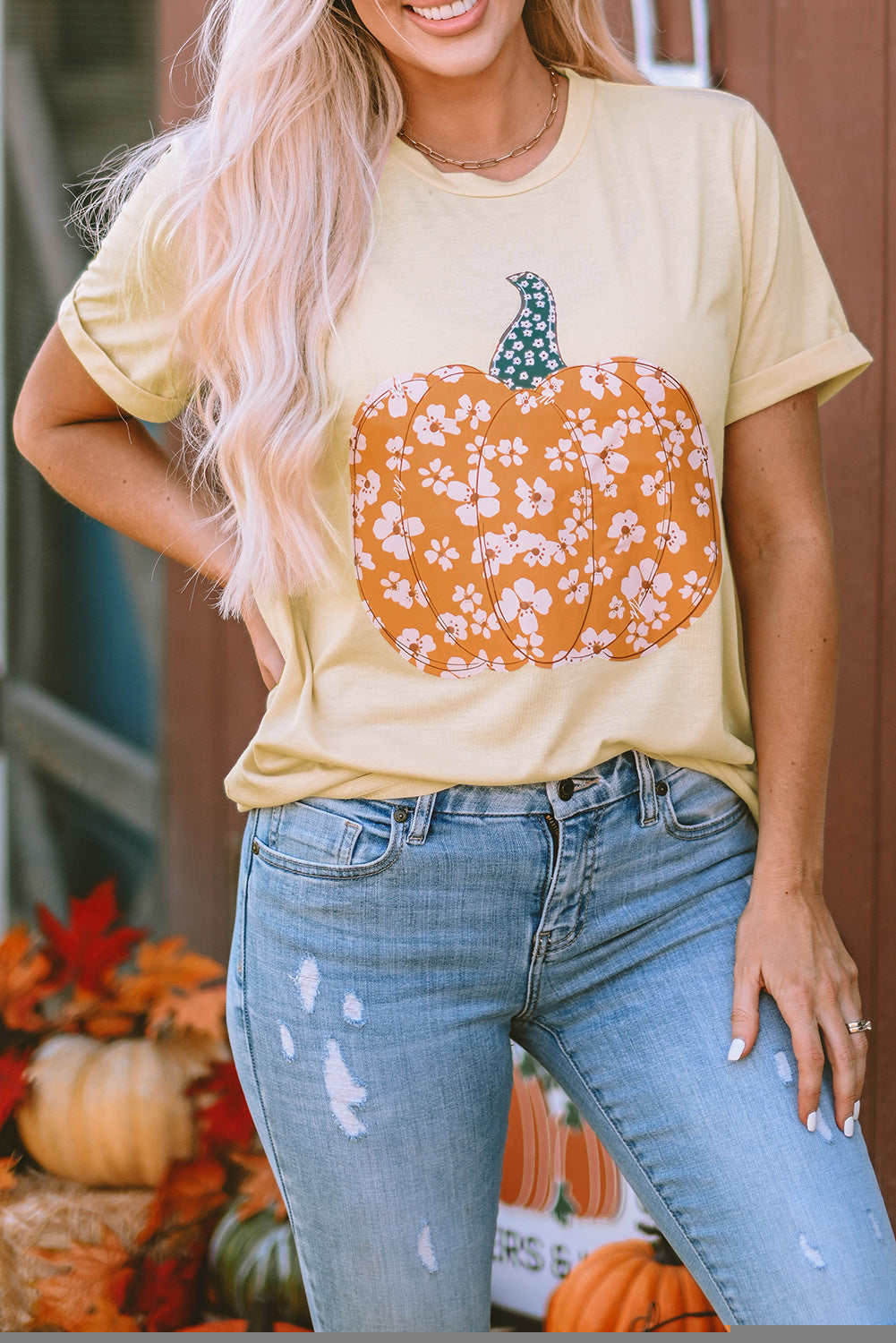 Khaki Sweet Floral Pumpkin Graphic Tee Graphic Tees JT's Designer Fashion