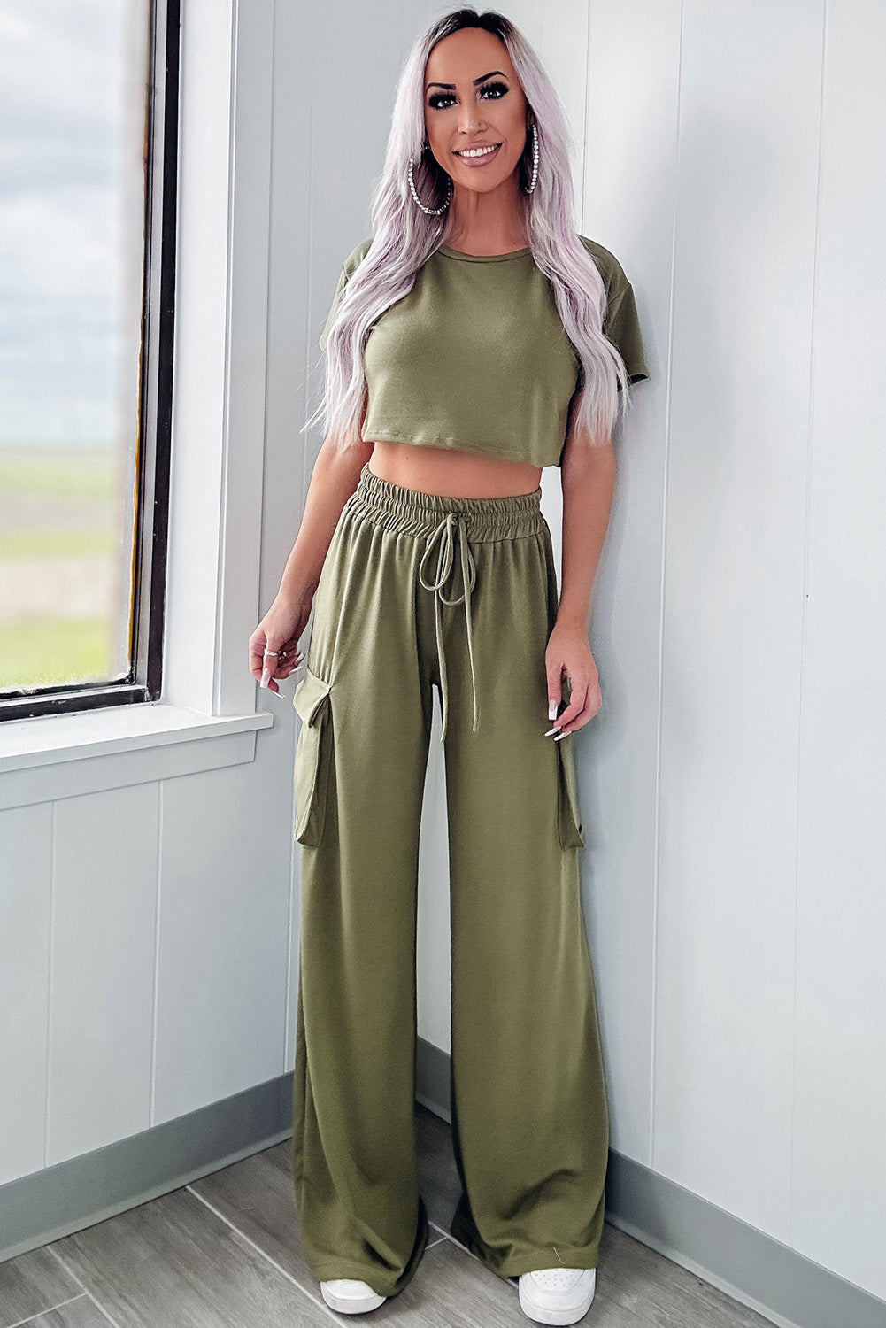 Jungle Green Solid Crop Tee and Drawstring Cargo Pant Set Bottoms JT's Designer Fashion