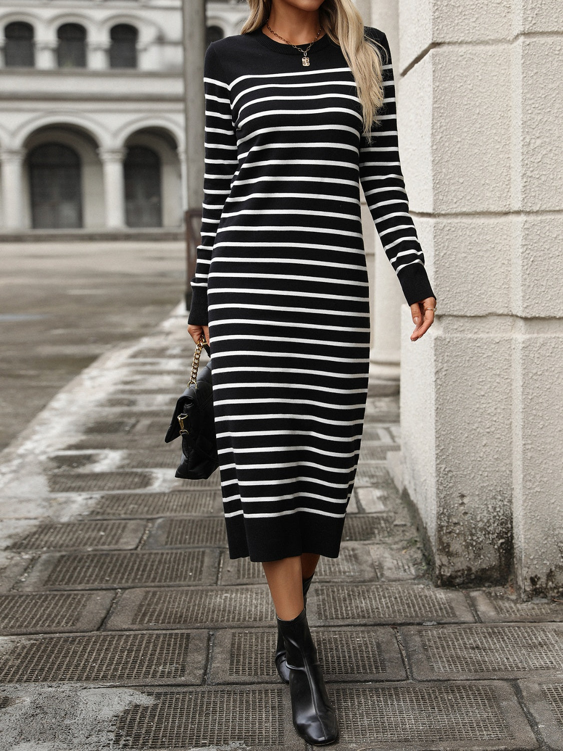 Striped Round Neck Long Sleeve Dress Black Midi Dresses JT's Designer Fashion