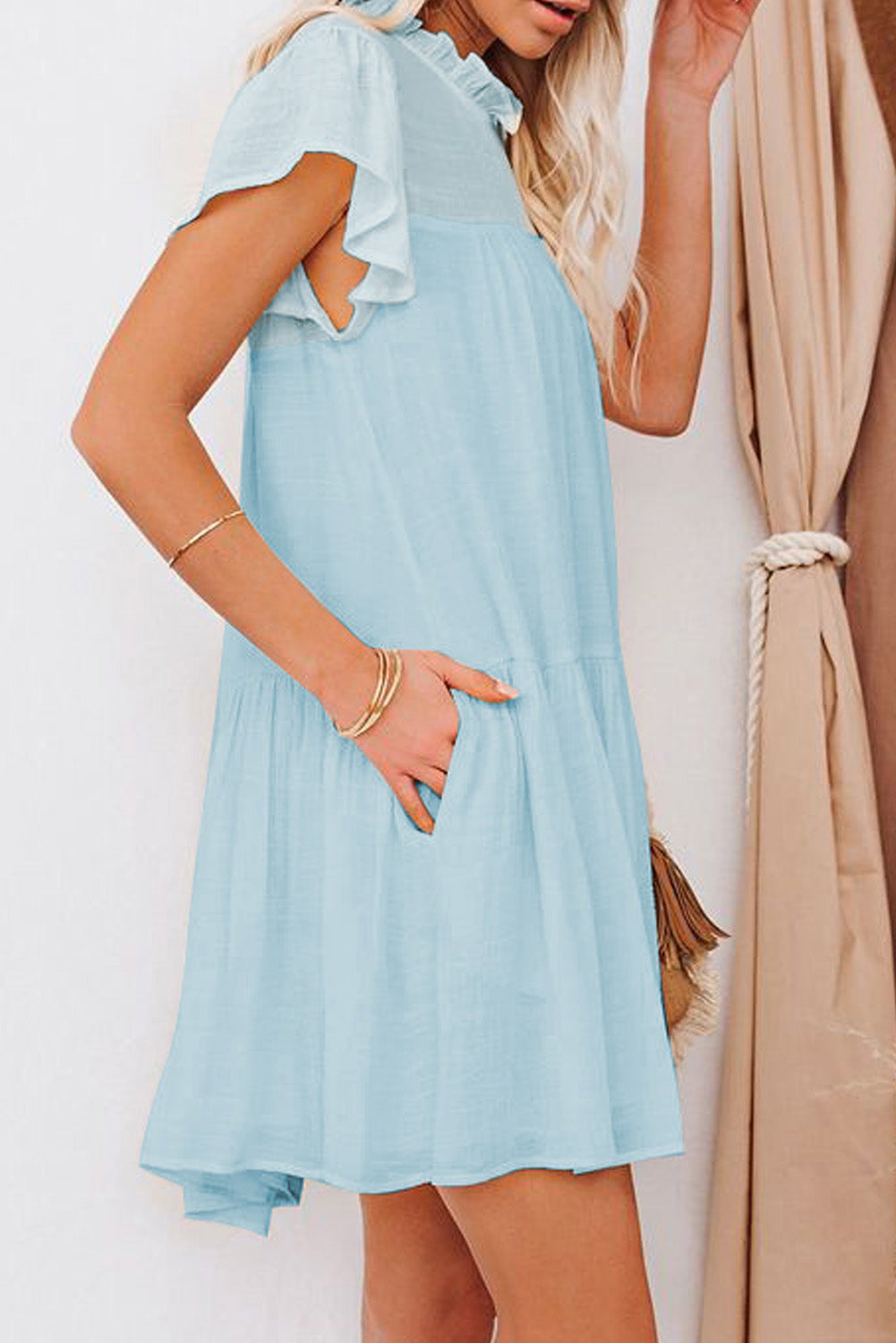 Sky Blue Frilled Neck Ruffle Swing Mini Dress with Pockets Mini Dresses JT's Designer Fashion