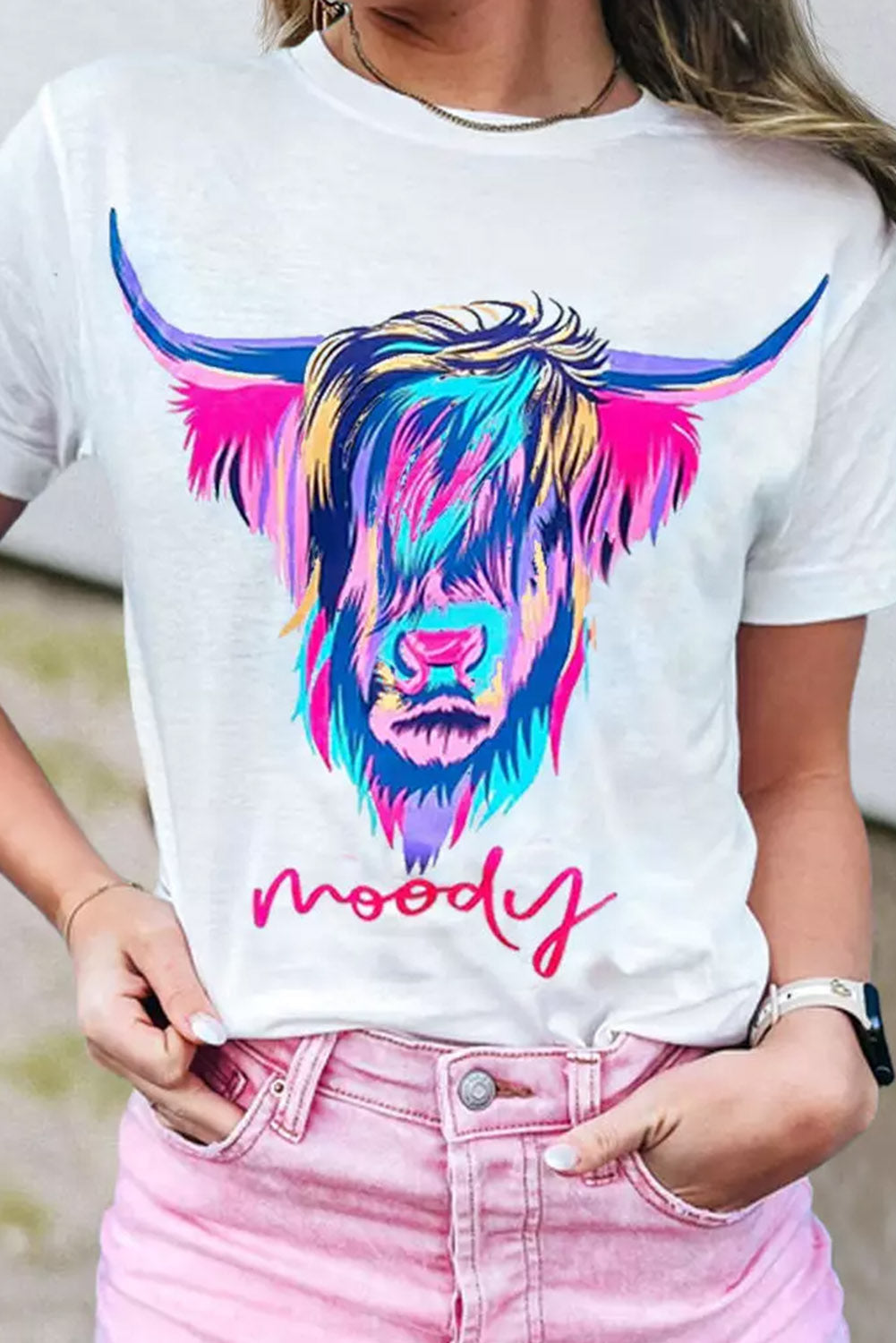 White Highland Heifer Moody Graphic T-shirt Graphic Tees JT's Designer Fashion